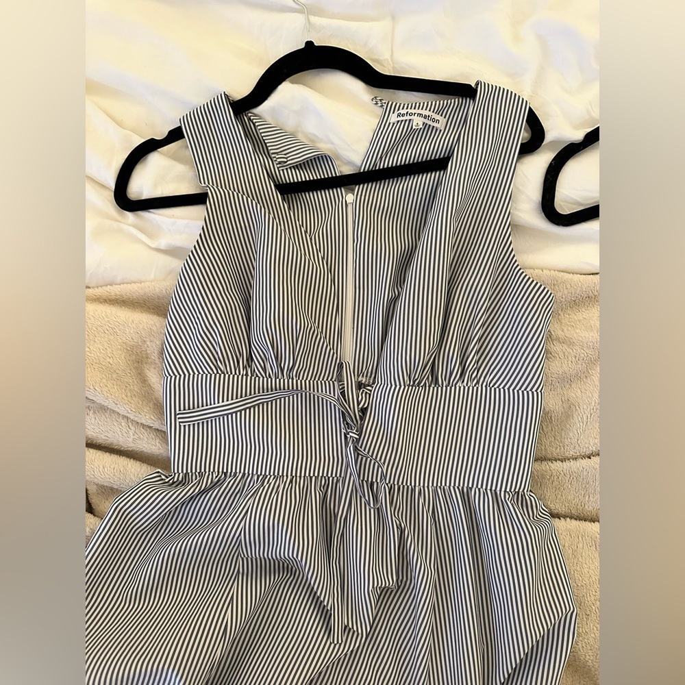 Reformation Blue/Grey and White Striped Midi Dress